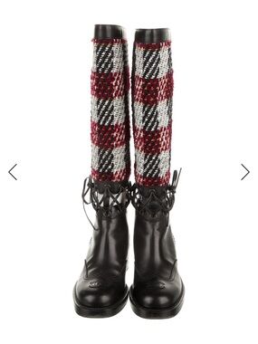 CHANEL Black Leather & Plaid Knit Tall Lace-Up Boots